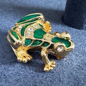 Vintage Frog Pin Enamel Rhinestone Gold Tone Signed Nat Landau Hyman NLH
